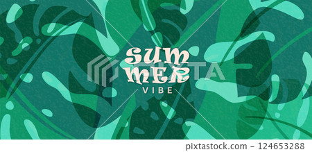Summer tropic pattern background. Tropical jungle leaves banner design with retro modern texture. Exotic nature concept in creative style. Green monstera leaves vector illustration 124653288