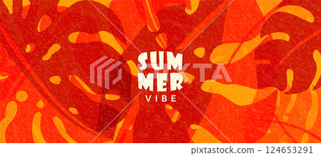 Summer tropic pattern background. Tropical jungle leaves banner design with retro modern texture. Exotic nature concept in creative style. Orange monstera leaves vector illustration 124653291