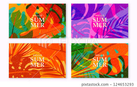 Summer tropic pattern background. Tropical jungle leaves banner design with retro modern texture, horizontal. Exotic abstract creative nature. Palm tree, monstera, banana vector illustration 124653293
