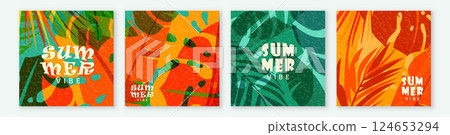 Summer tropic pattern background. Tropical jungle leaves card design with retro modern texture. Exotic abstract creative nature. Palm tree, monstera, banana vector illustration. Square composition 124653294