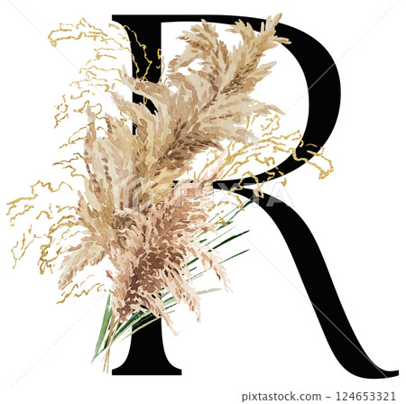 Black letter R with watercolor biege and golden dried pampas grass, tropical wedding illustration 124653321