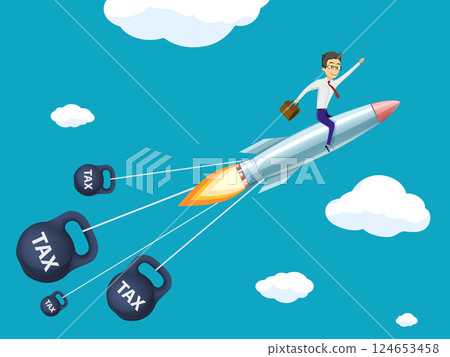 Businessman flying on rocket with weight taxes behind 124653458