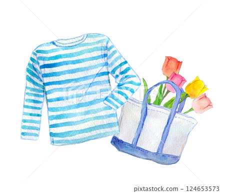 水彩插圖：條紋襯衫與鬱金香 124653573