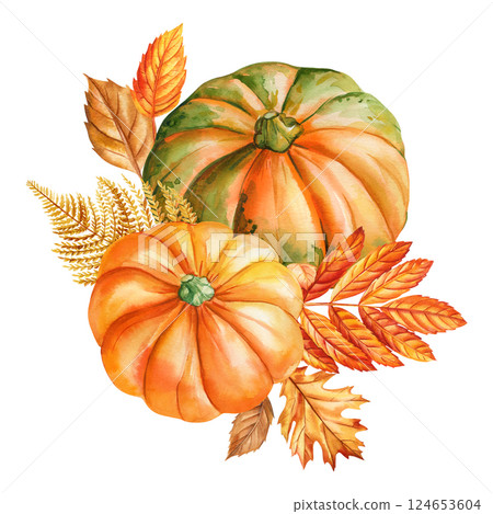 Autumn pumpkins, leaves composition watercolor botanical illustration fall harvest thanksgiving season decoration art Autumn pumpkins, leaves composition watercolor botanical illustration fall harvest thanksgiving season decoration art 124653604