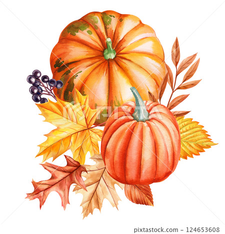 watercolor autumn pumpkins, yellow and red leaves and berries seasonal composition fall harvest botanical illustration watercolor autumn pumpkins, yellow and red leaves and berries seasonal composition fall harvest botanical illustration 124653608