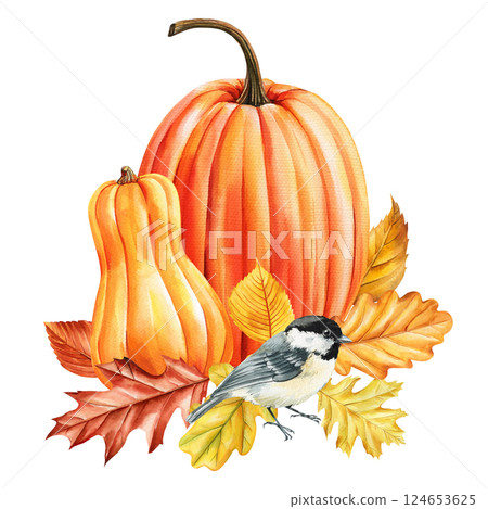 watercolor fall pumpkins with autumn leaves and chickadee bird seasonal thanksgiving harvest botanical white background 124653625