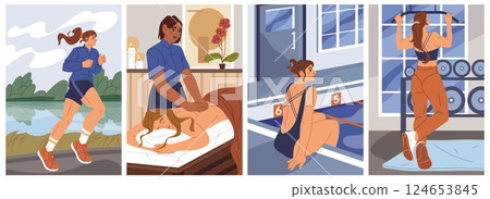 Daily sport or fitness routine of women. Vector set of strength, stretching and cardio activity. Running, back recovery or relaxation massage and pool swimming, pull-up at gym training. Healthcare. 124653845