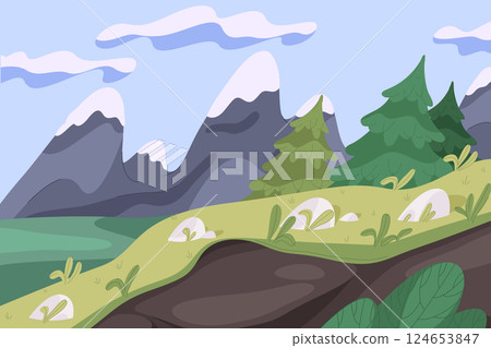 Nature background with mountain peak and fir tree. Vector alpine landscape or cartoon nature backdrop with evergreen forest and misty sky. Valley wilderness and outdoor highlands panoramic view. 124653847