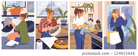 Home or house routine. Vector set of clipart for daily housework and household task, chores. Woman cooking and wash cloth with laundry machine, cleaning kitchen and do grocery shopping. Domestic life. 124653848