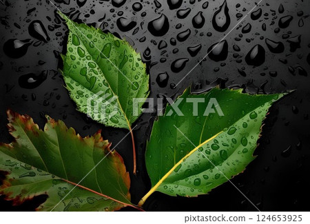 Fresh green leaves with water drops on a black background Fresh green leaves with water drops on a black background 124653925