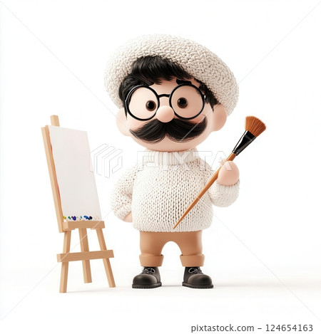 Cute cartoon artist with easel and paintbrush. 124654163
