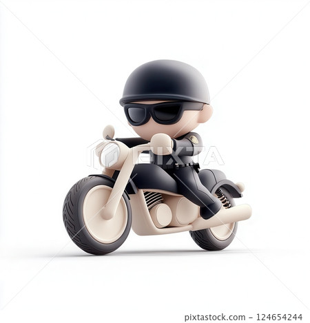 3D cartoon police officer on a motorcycle in uniform, isolated on white background, dynamic and vigilant 124654244