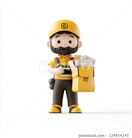 Cute cartoon delivery man with a yellow bag and a smile. 124654245