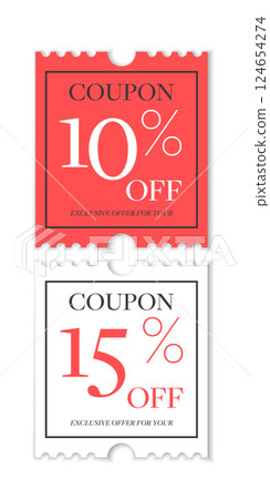 Set of Two Elegant Discount Coupons with 10 and 15 Off Offers. Red and White Modern Vertical Ticket Design with Bold Typography. Ideal for Promotions, Sales, and Printable Marketing Materials Set of Two Elegant Discount Coupons with 10 and 15 Off Offers. Red and White Modern Vertical Ticket Design with Bold Typography. Ideal for Promotions, Sales, and Printable Marketing Materials 124654274