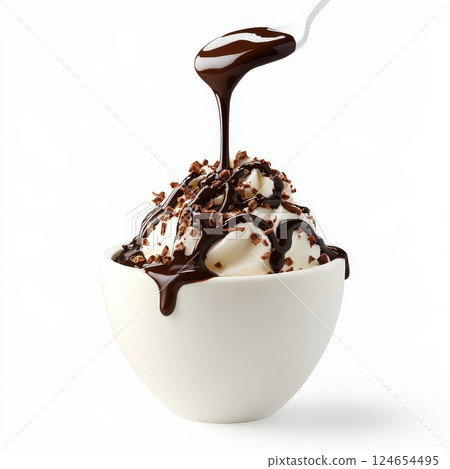 Decadent Chocolate and Caramel Swirled Ice Cream Dessert with Creamy Topping Decadent Chocolate and Caramel Swirled Ice Cream Dessert with Creamy Topping 124654495
