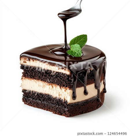 Decadent Chocolate and Cream Cake Slice with Dripping Glaze on White Background Decadent Chocolate and Cream Cake Slice with Dripping Glaze on White Background 124654496