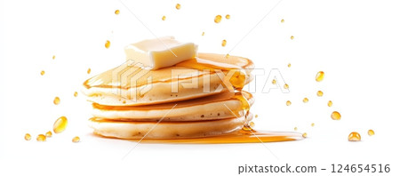 Delicious homemade fluffy pancakes with butter and maple syrup on white background 124654516