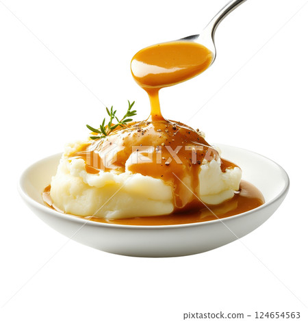 Mashed Potatoes with Delicious Gravy Drizzle in Ceramic Dish Mashed Potatoes with Delicious Gravy Drizzle in Ceramic Dish 124654563