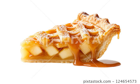 Freshly Baked Golden Apple Tart with Flaky Pastry Crust and Caramel Drizzle 124654573