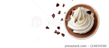 Delicious Whipped Cream Dollop on Wooden Bowl with Chocolate Chips 124654590