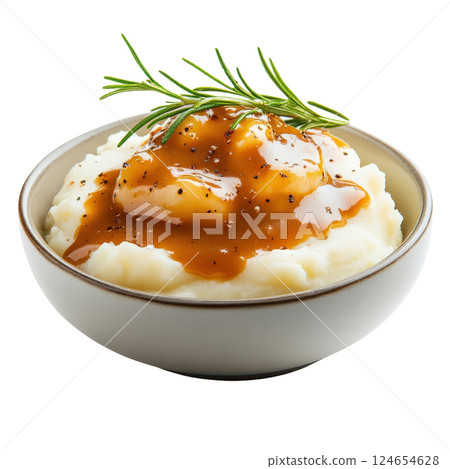 Appetizing Mashed Potato Bowl with Savory Gravy and Rosemary Garnish 124654628
