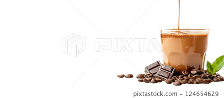 Aromatic Coffee Cup with Chocolate Shavings and Coffee Beans in Rustic Setting 124654629