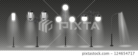3d vector Modern and vintage city street lights row working at night. Urban electrical lightning system. Glowing retro lampposts 124654717