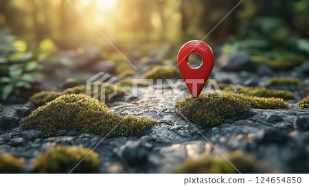 3D red location pin icon on the map, on top of mossy ground.  3D red location pin icon on the map, on top of mossy ground.  124654850