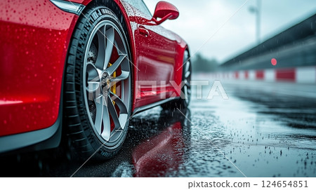 A red car is on the wet asphalt in front of an overcast sky and raindrops falling from above. 124654851