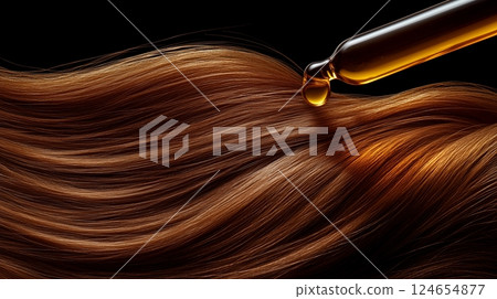 The woman's shiny hair, stroked by an oil dropper above it on the white background.  124654877