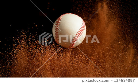 Freeze Motion Detail Shot of Baseball Ball with Clay Explosion 124654897