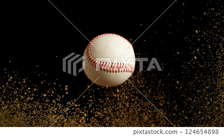 Freeze Motion Detail Shot of Baseball Ball with Clay Explosion 124654898