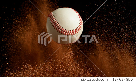 Freeze Motion Detail Shot of Baseball Ball with Clay Explosion 124654899