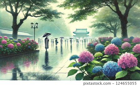 雨水與繡球花點綴的靜謐公園 124655055