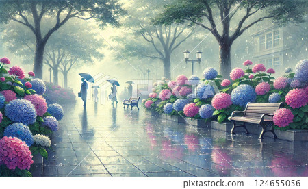 被繡球花和雨水環繞的安靜公園 124655056