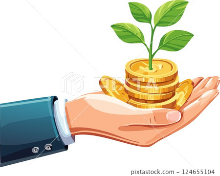 Concept of money with plant growing from coins in hand. Financial and save money concept 124655104
