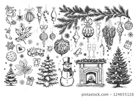 Christmas tree, ball, cookie set, Hand drawn illustration	 124655128