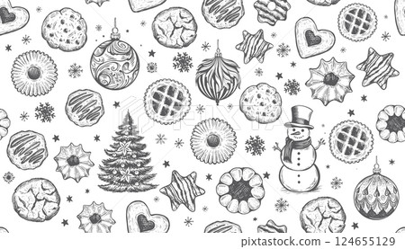 Christmas tree, ball, cookie set, Hand drawn illustration Christmas tree, ball, cookie set, Hand drawn illustration 124655129