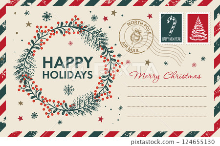Postcard, Christmas mail, hand drawn illustration.	 124655130