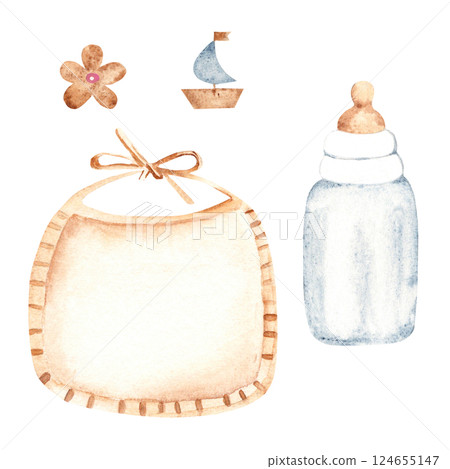 Newborn set. Baby Bib and Bottle for milk in pastel colors. Flowers and Boat emblem for girl and boy. Watercolor hand drawn illustration of cute Infant accessories in eco style. For invitations 124655147