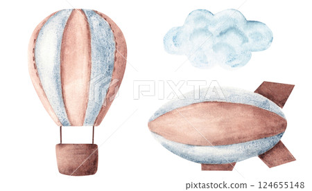 Air transport set. Airship or Dirigible and Hot Air Balloon, Cloud in blue and brown colors. Watercolor Hand drawn Children's illustration isolated on white background. Vintage style. Design Element 124655148