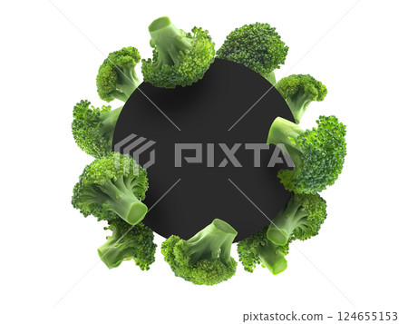 Green broccoli on a white background with a black circle in the center 124655153