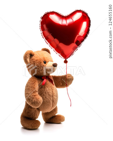Cute teddy bear holding a heart shaped balloon 124655160