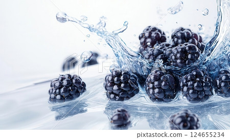 Blackberries splashing in water, creating a refreshing and vibrant image. 124655234