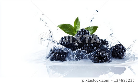 Blackberries splashing in water, creating a refreshing and vibrant image. 124655235