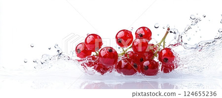 Red currants splashing in water, creating a vibrant image. 124655236
