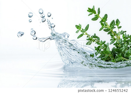 Fresh thyme sprig with water splash on white background. 124655242
