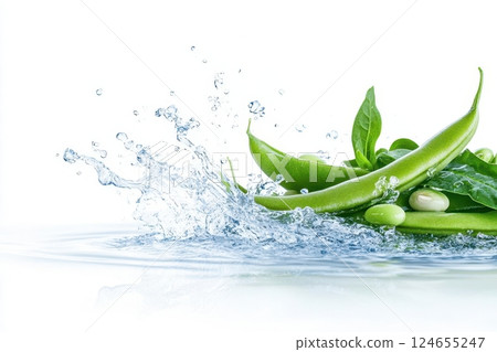 Fresh green beans with water splash, isolated on white background. 124655247