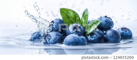 Fresh blueberries splashing in water, a vibrant and refreshing image. 124655260