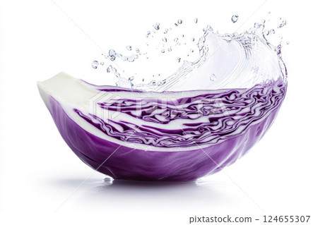 Fresh red cabbage splashing in water, isolated on white background. 124655307